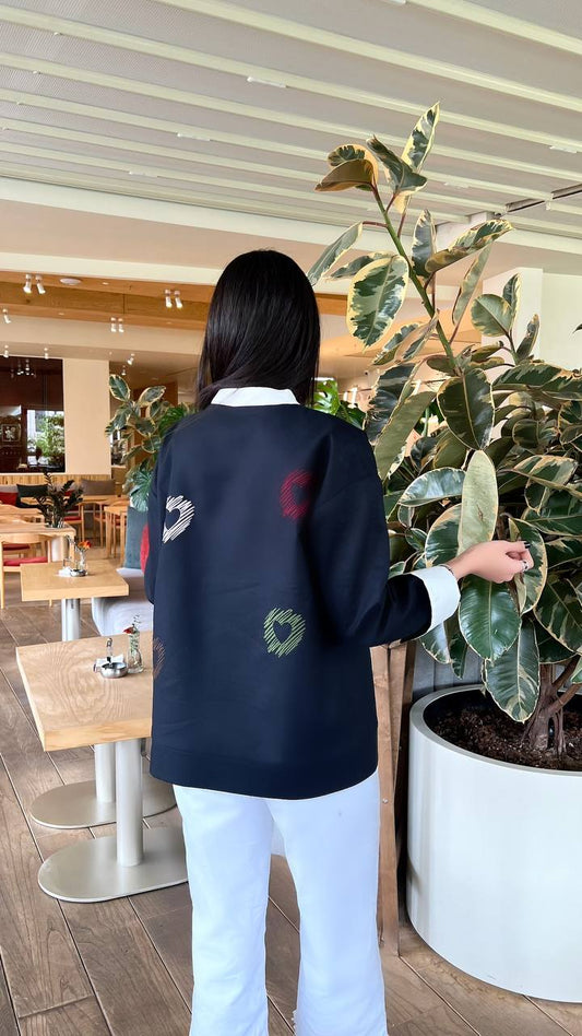 QUIM BLACK LINEN WITH HEART SHAPED EMBROIDERY COAT