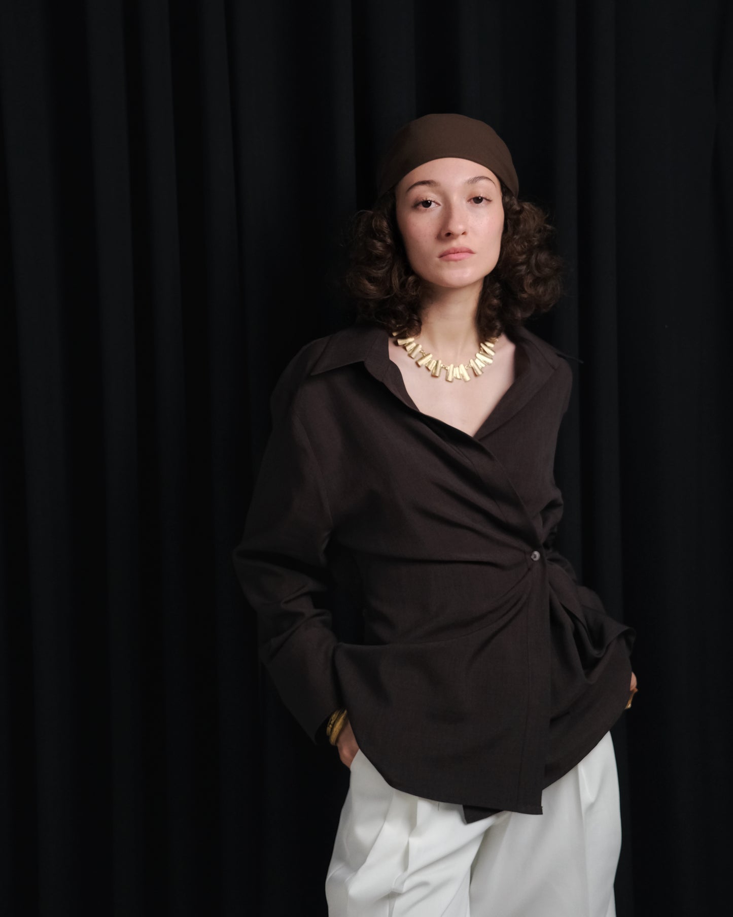 MIRA OVERLAP DARK BROWN SHIRT