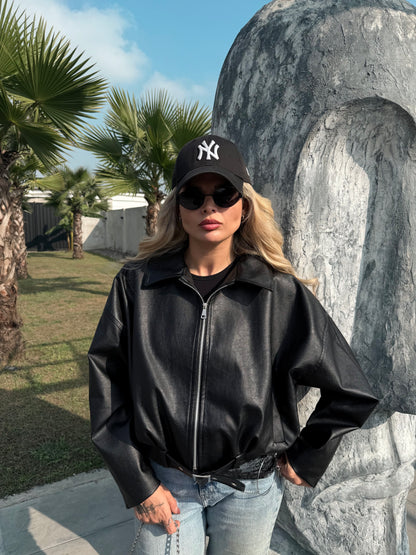 PEONY BLACK LEATHER COAT