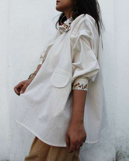 AIOLEH EMBROIDERED BEIGE FLOWERS LINEN SHIRT