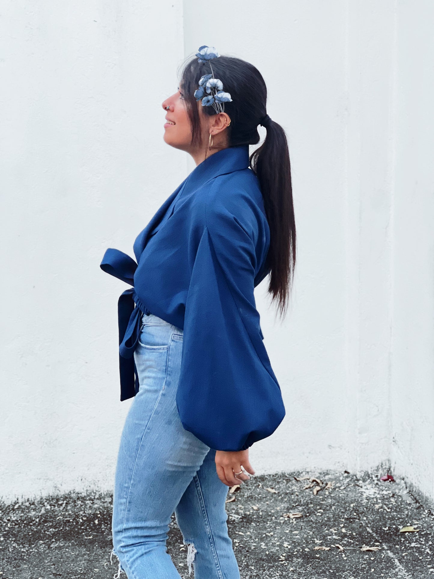 AIOLEH BLUE-FOUR-LEAF LINEN COAT